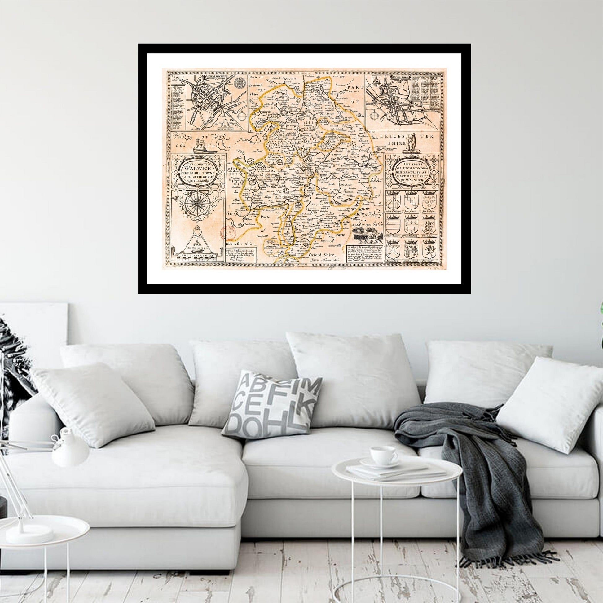 Antique map of Warwickshire from 1610 - art print. Vintage poster from the old maps of United Kingdom collection