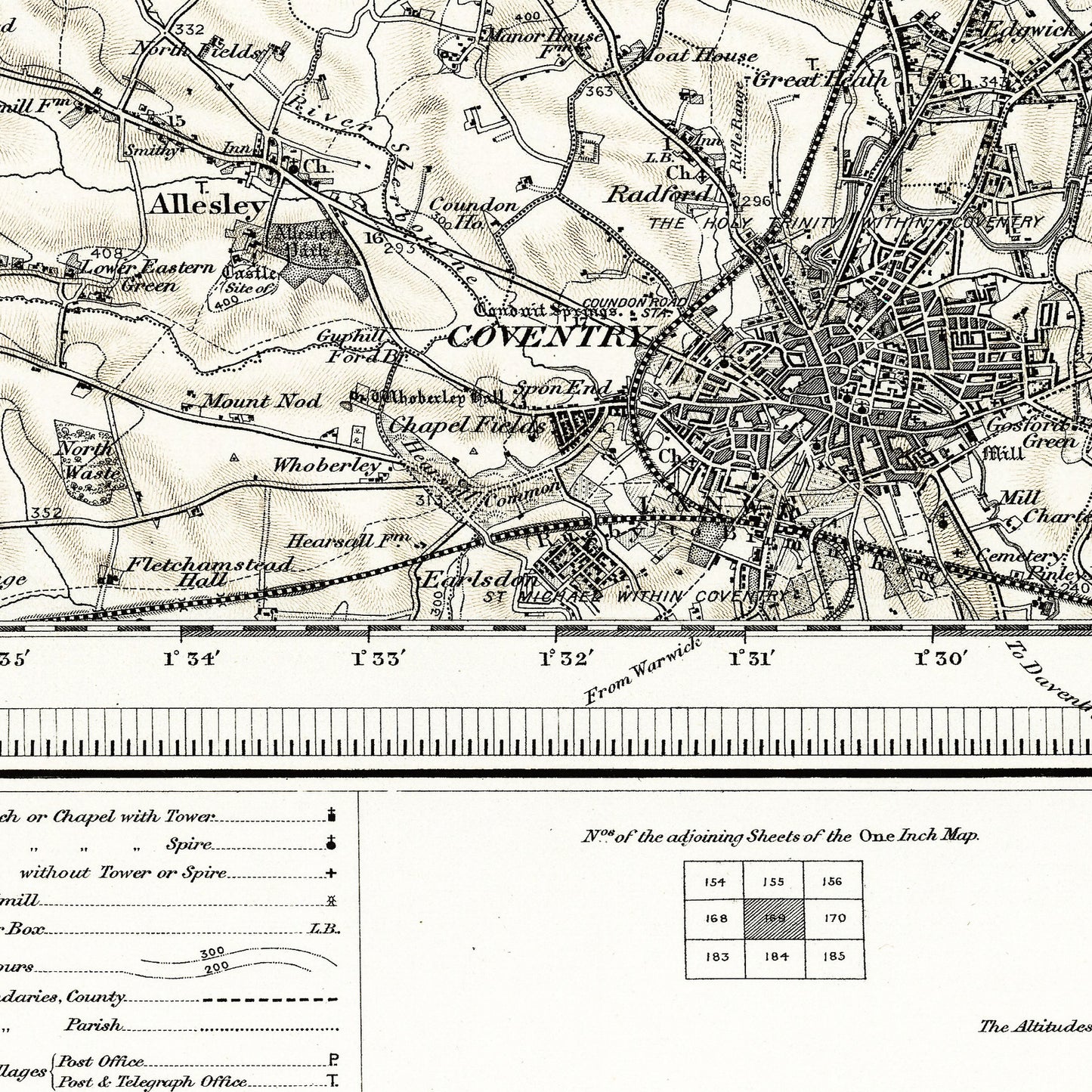 Coventry England UK 1899 - Old Antique Map - Art Print