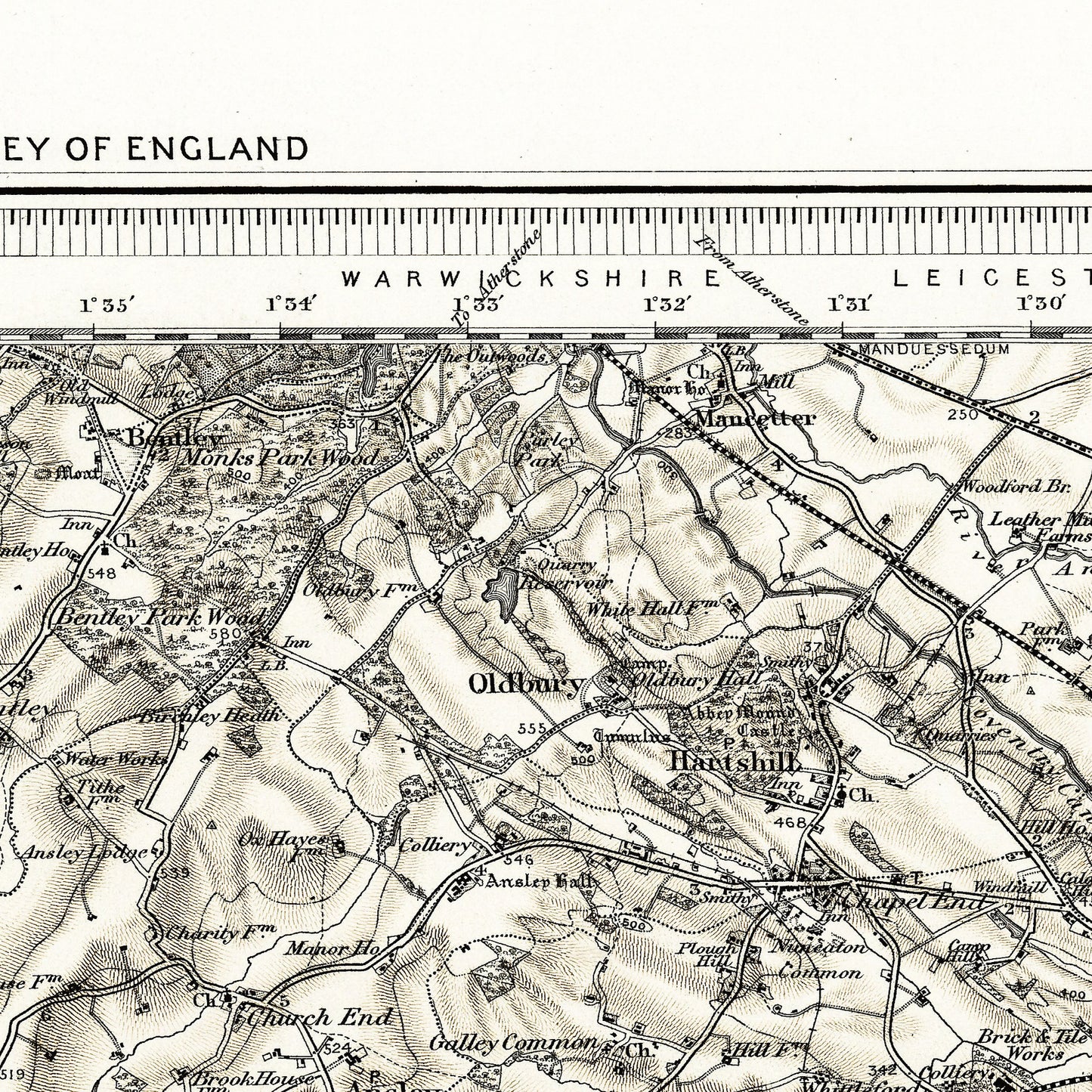 Coventry England UK 1899 - Old Antique Map - Art Print