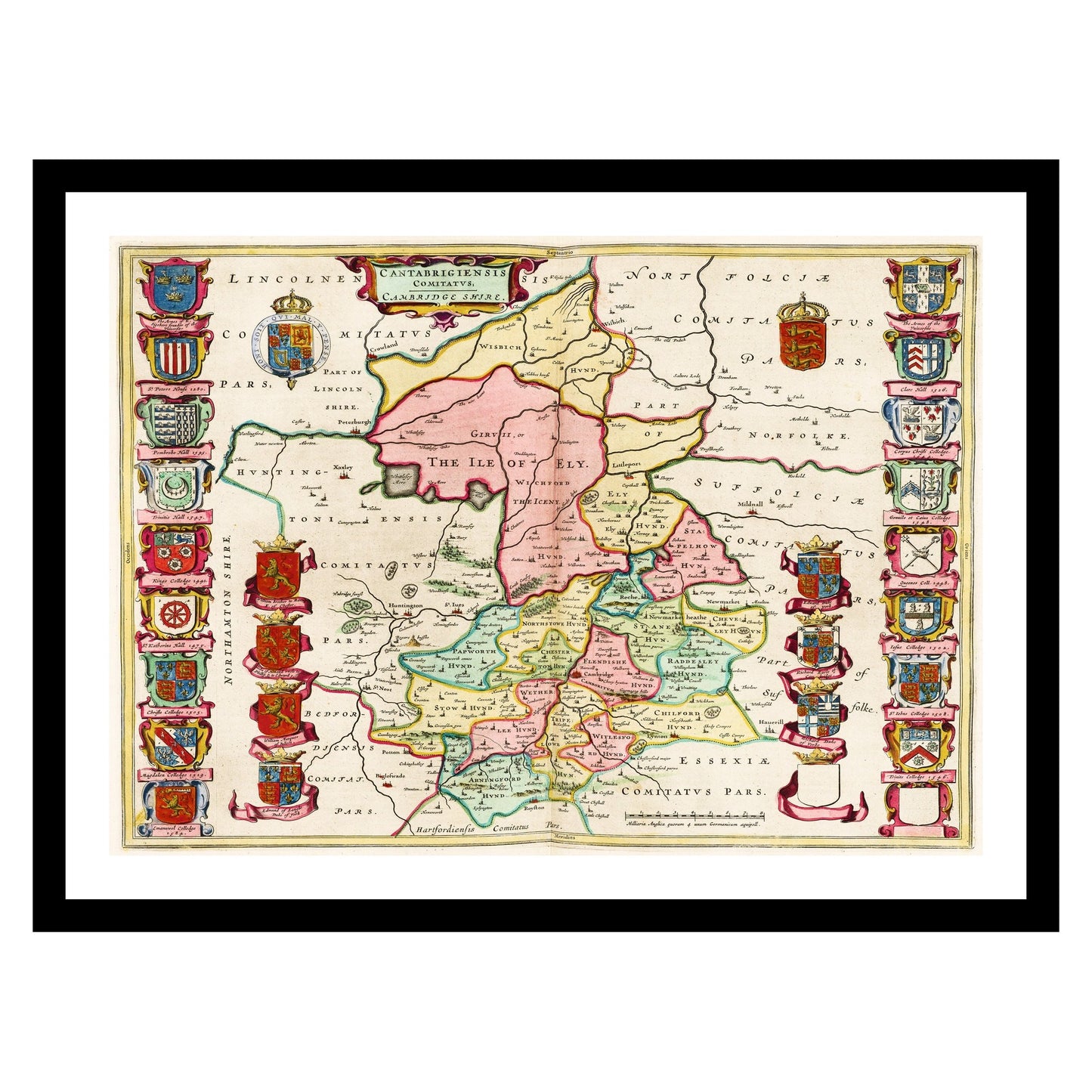 Antique map of Cambridgeshire from 1665 - art print. Vintage poster from the old maps of United Kingdom collection