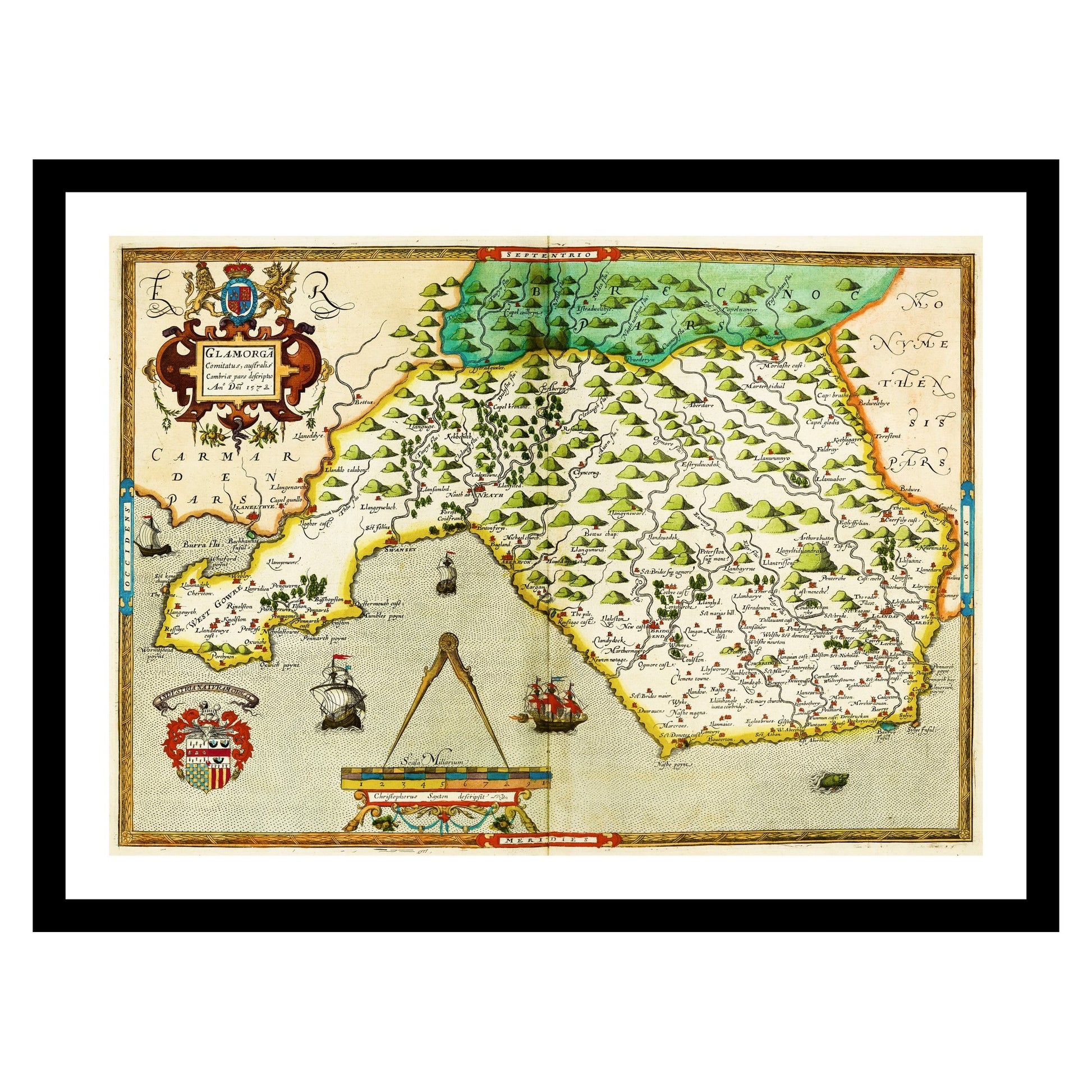 Antique map of Glamorgan from 1576 - art print. Vintage poster from the old maps of United Kingdom collection