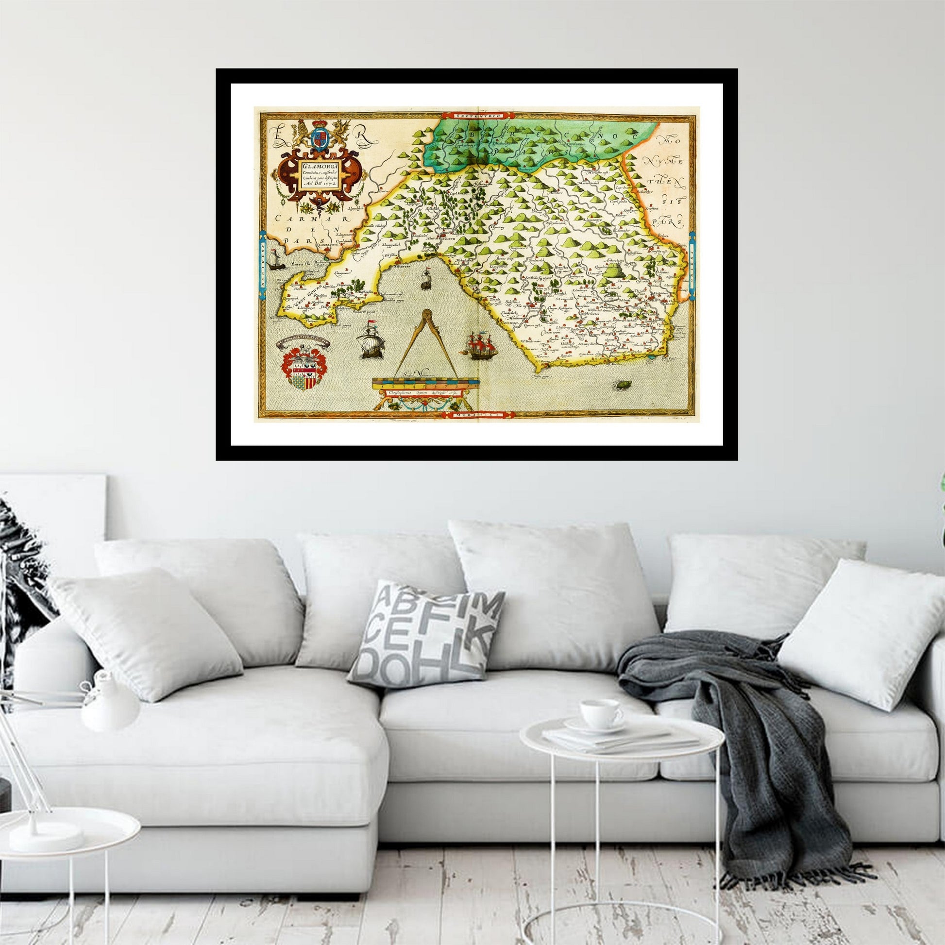 Antique map of Glamorgan from 1576 - art print. Vintage poster from the old maps of United Kingdom collection