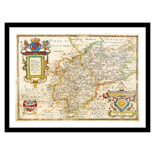 Antique map of Leicestershire Warwickshire from 1579 - art print. Vintage poster from the old maps of United Kingdom collection