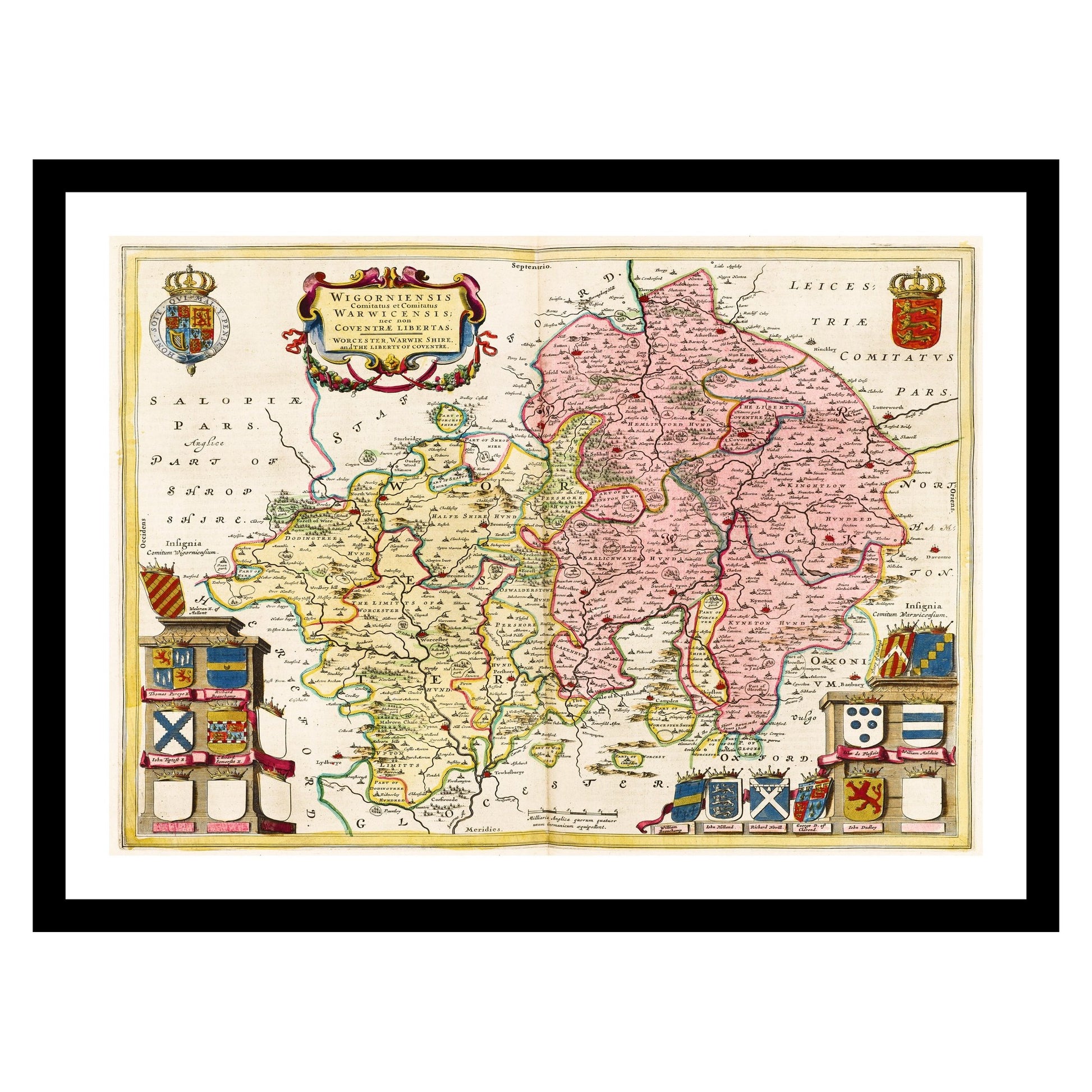 Antique map of Worcestershire Warwickshire from 1665 - art print. Vintage poster from the old maps of United Kingdom collection