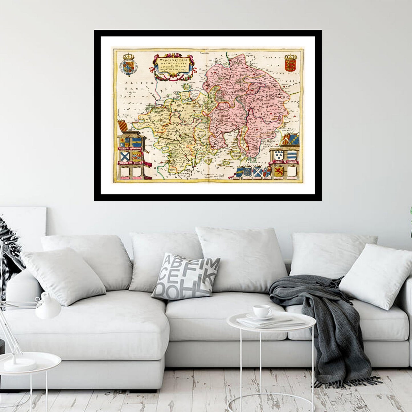 Antique map of Worcestershire Warwickshire from 1665 - art print. Vintage poster from the old maps of United Kingdom collection