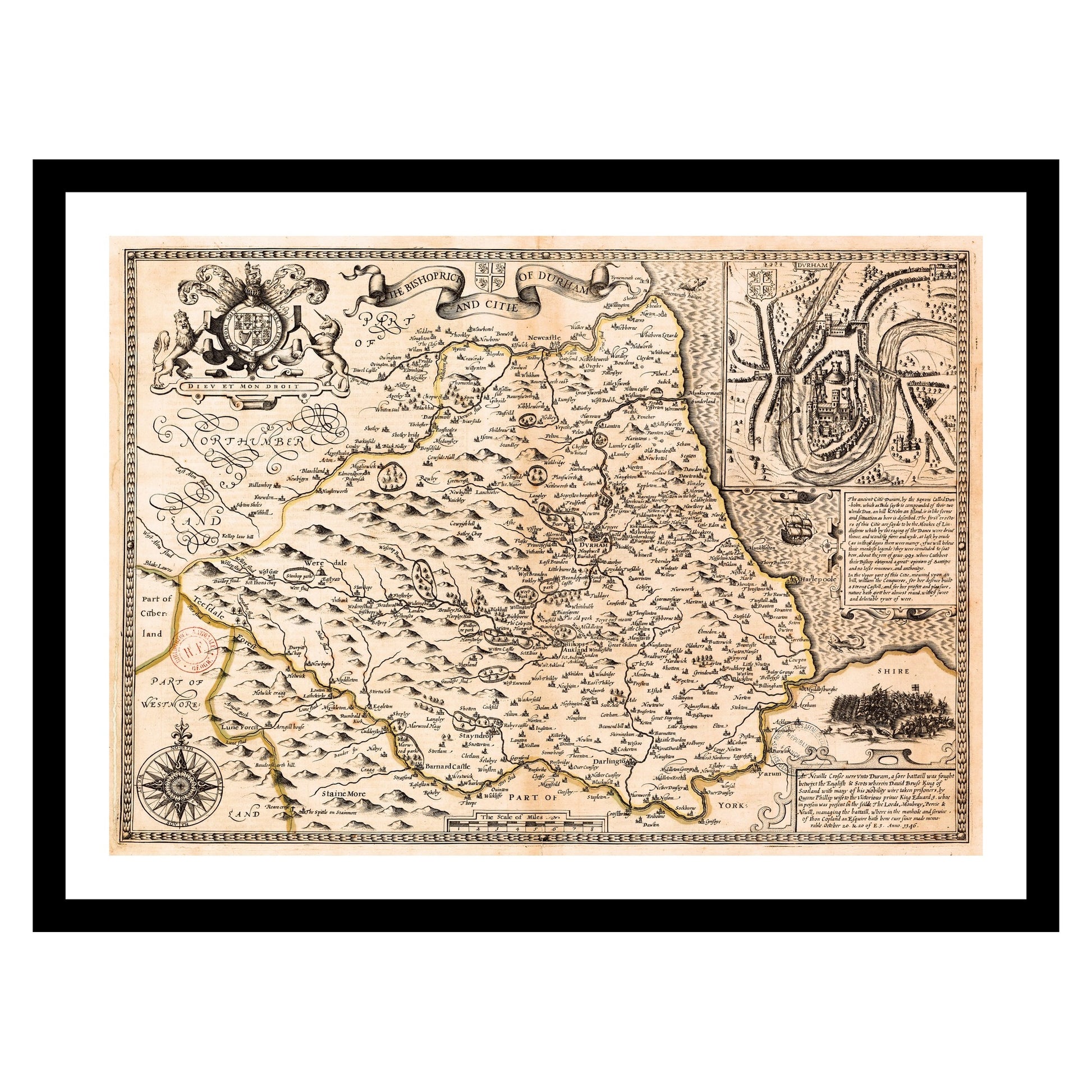 Antique map of Durham from 1610 - art print. Vintage poster from the old maps of United Kingdom collection