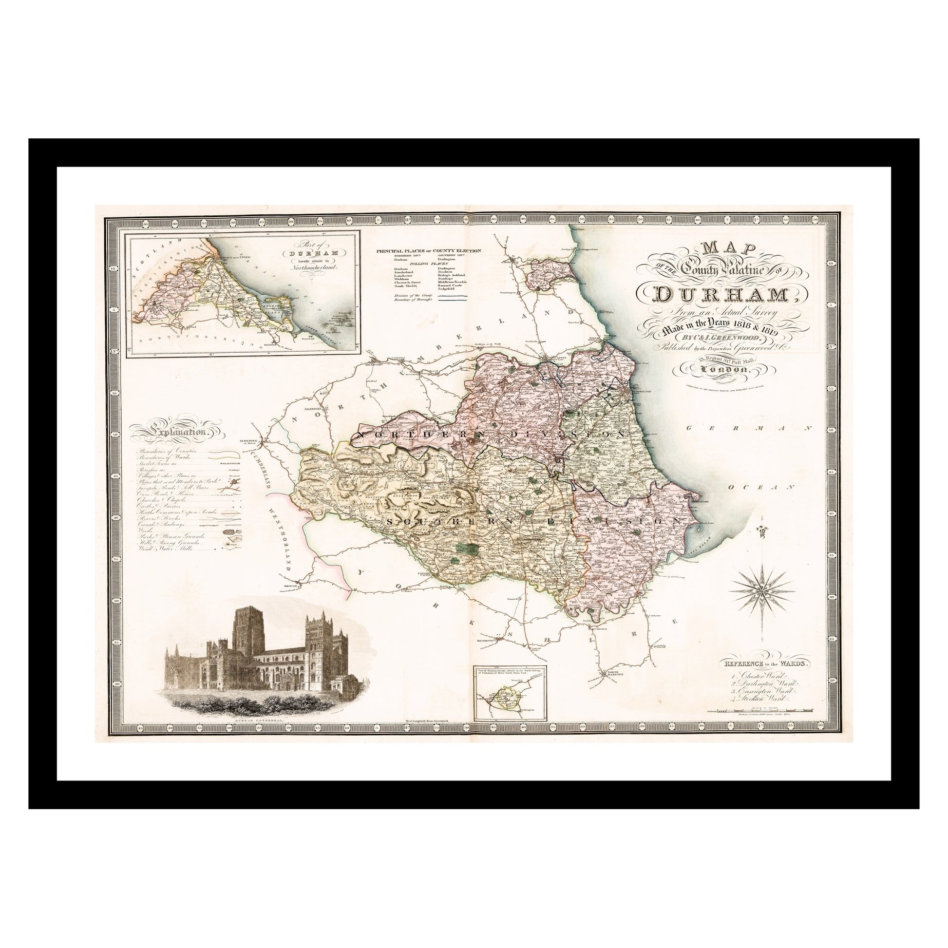 Antique map of Durham from 1831 - art print. Vintage poster from the old maps of United Kingdom collection