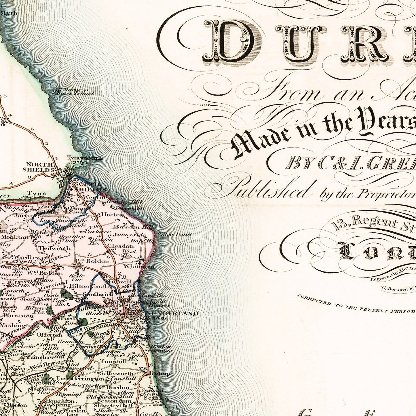 Durham England UK 1831 - Old Antique Map - Art Print