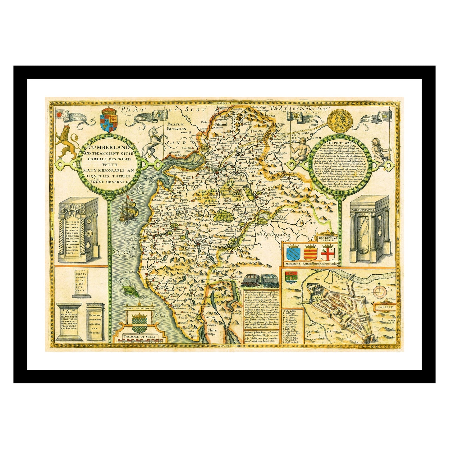 Antique map of Cumberland Cumbria from 1627 - art print. Vintage poster from the old maps of United Kingdom collection