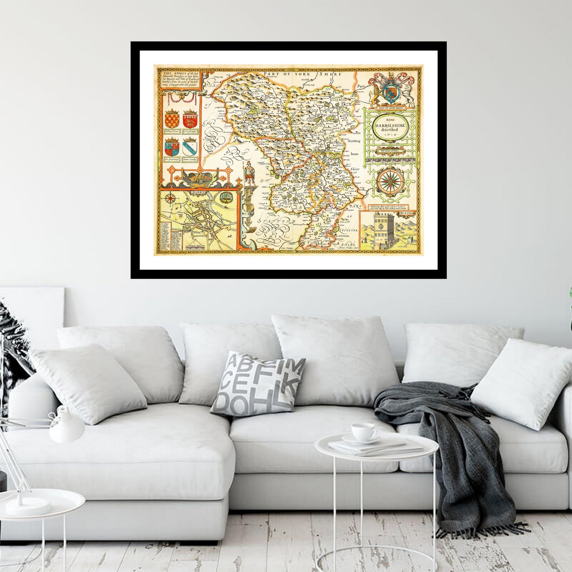 Antique map of Derbyshire from 1665 - art print. Vintage poster from the old maps of United Kingdom collection