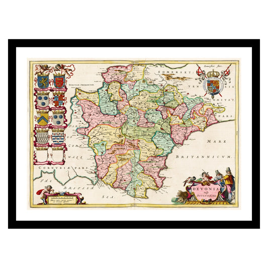 Antique map of Devon from 1665 - art print. Vintage poster from the old maps of United Kingdom collection