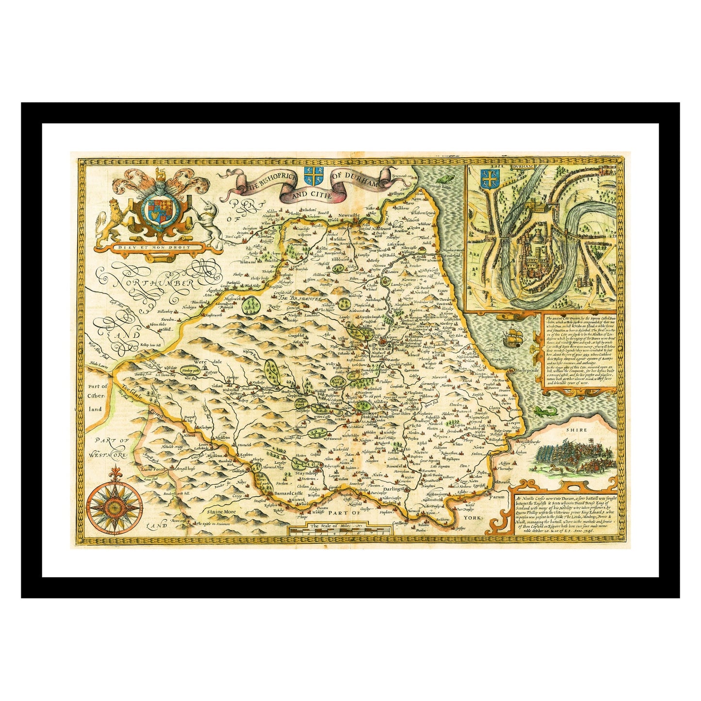 Antique map of Durham from 1627 - art print. Vintage poster from the old maps of United Kingdom collection