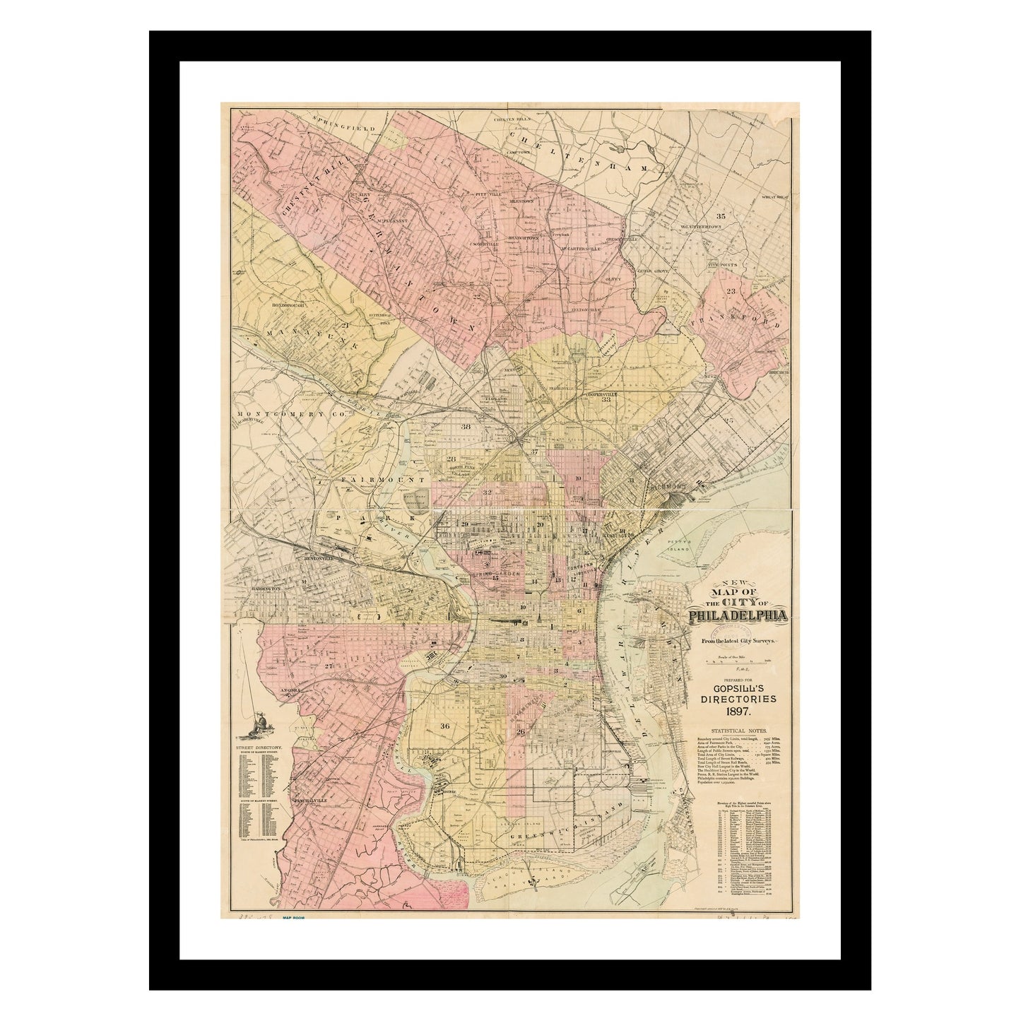 Antique map of Philadelphia Pennsylvania from 1897 - art print. Vintage poster from the old maps of United States collection