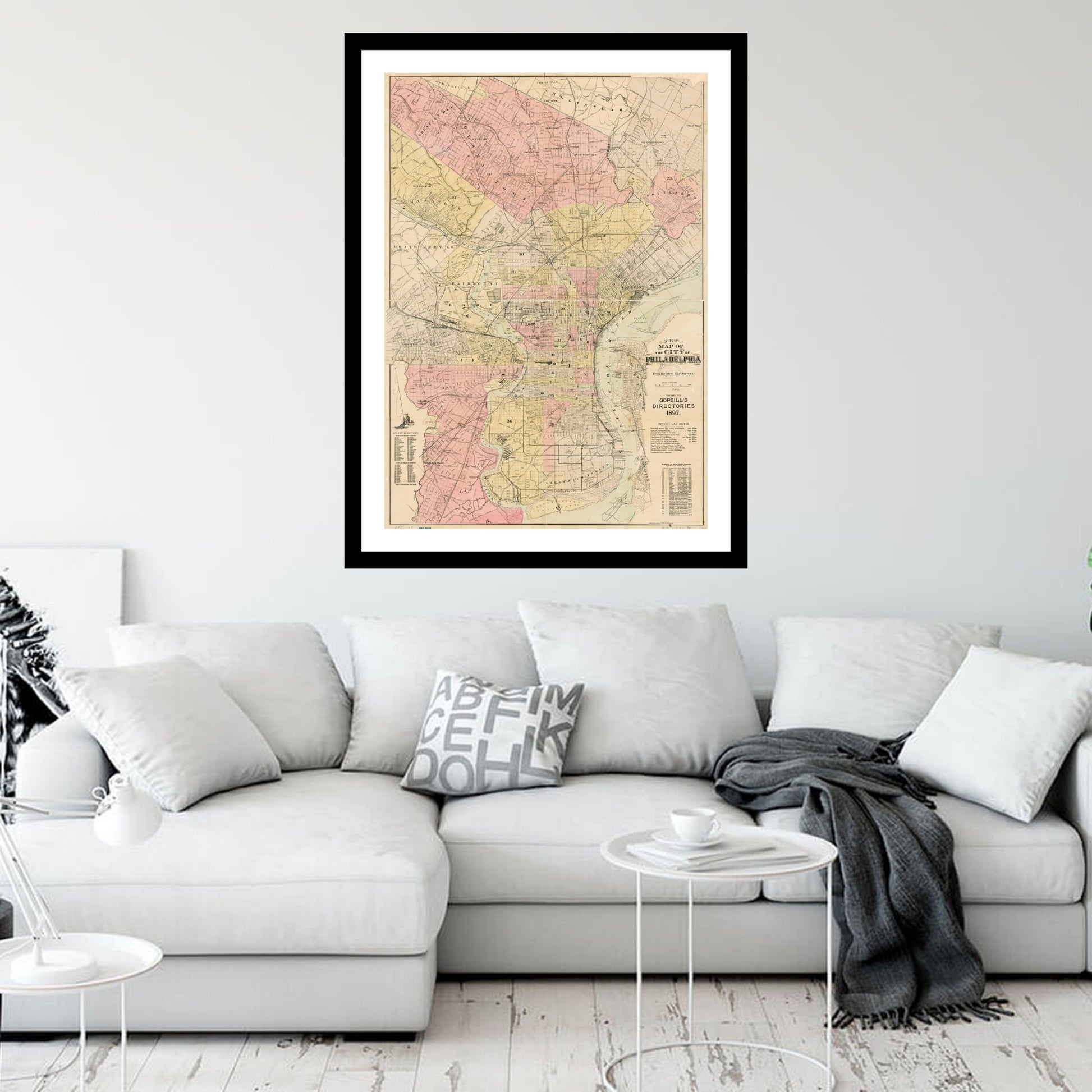 Antique map of Philadelphia Pennsylvania from 1897 - art print. Vintage poster from the old maps of United States collection