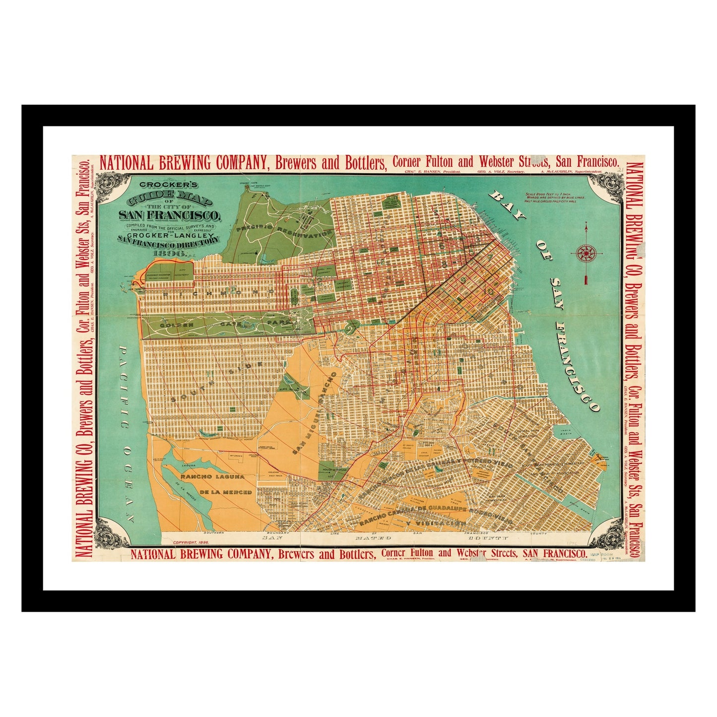 Antique map of San Francisco California from 1896 - art print. Vintage poster from the old maps of United States collection