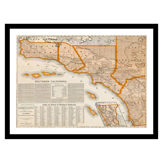 Antique map of California from 1888 - art print. Vintage poster from the old maps of United States collection