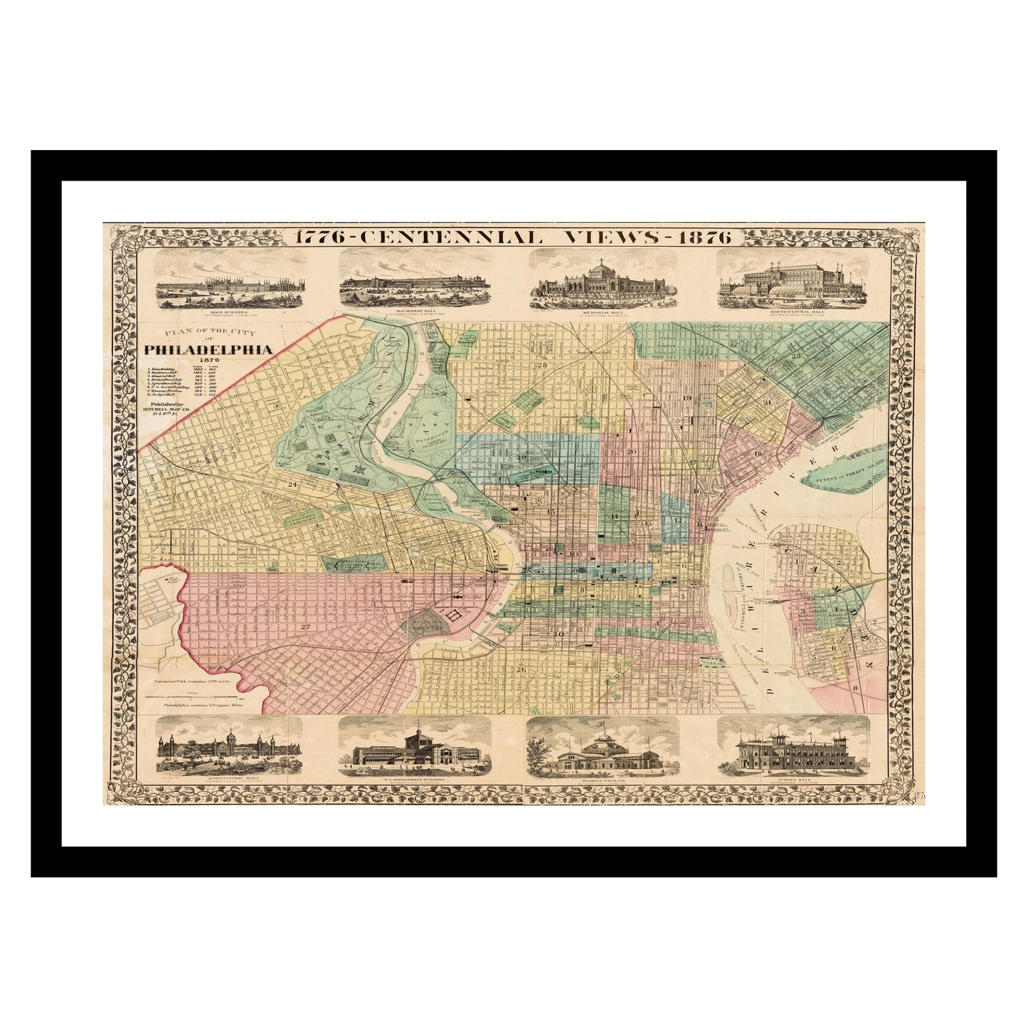 Antique map of Philadelphia Pennsylvania from 1876 - art print. Vintage poster from the old maps of United States collection.