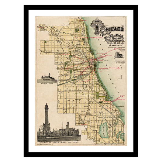 Antique map of Chicago Illinois from 1896 - art print. Vintage poster from the old maps of United States collection