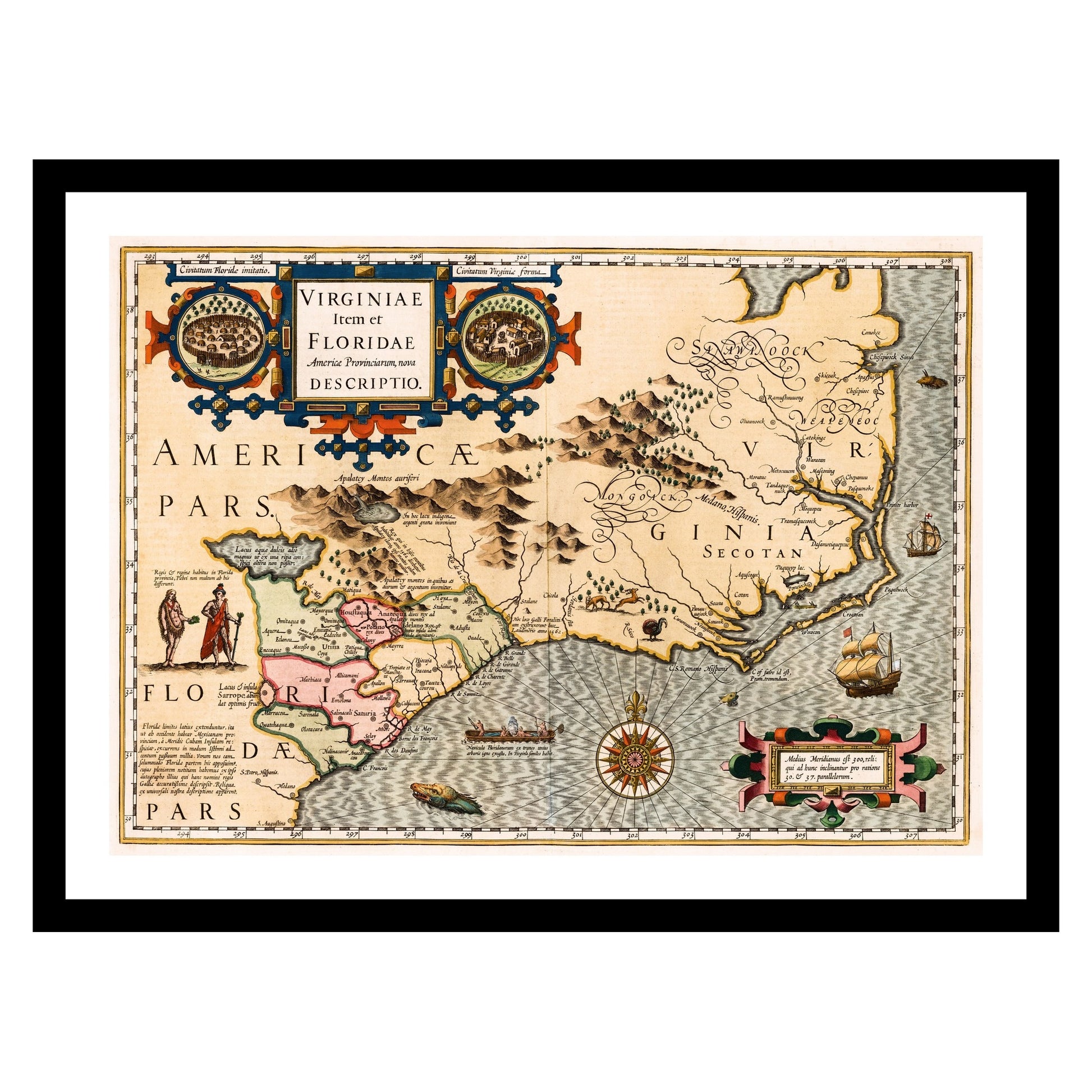 Antique map of Virginia Florida from 1623 - art print. Vintage poster from the old maps of United States collection