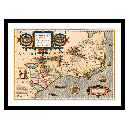 Antique map of Virginia Florida from 1623 - art print. Vintage poster from the old maps of United States collection