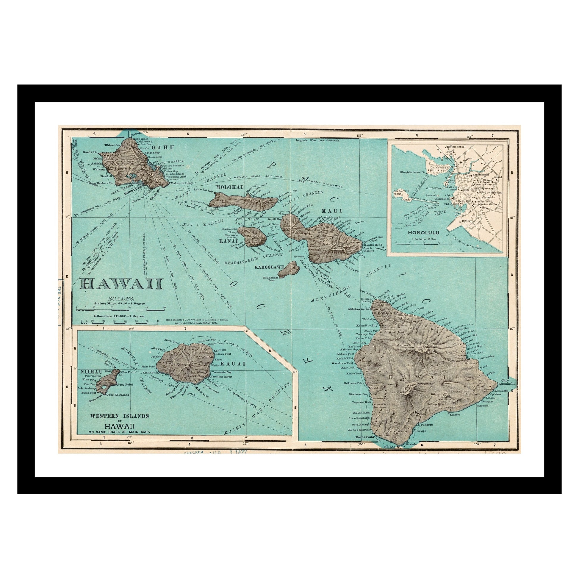 Antique map of Honolulu Hawaii from 1898 - art print. Vintage poster from the old maps of United States collection