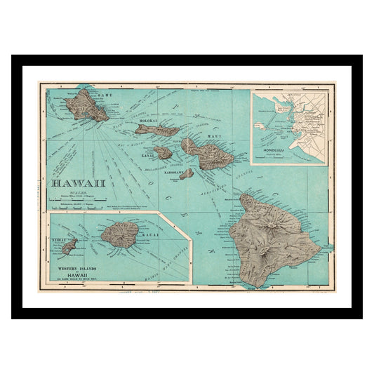 Antique map of Honolulu Hawaii from 1898 - art print. Vintage poster from the old maps of United States collection