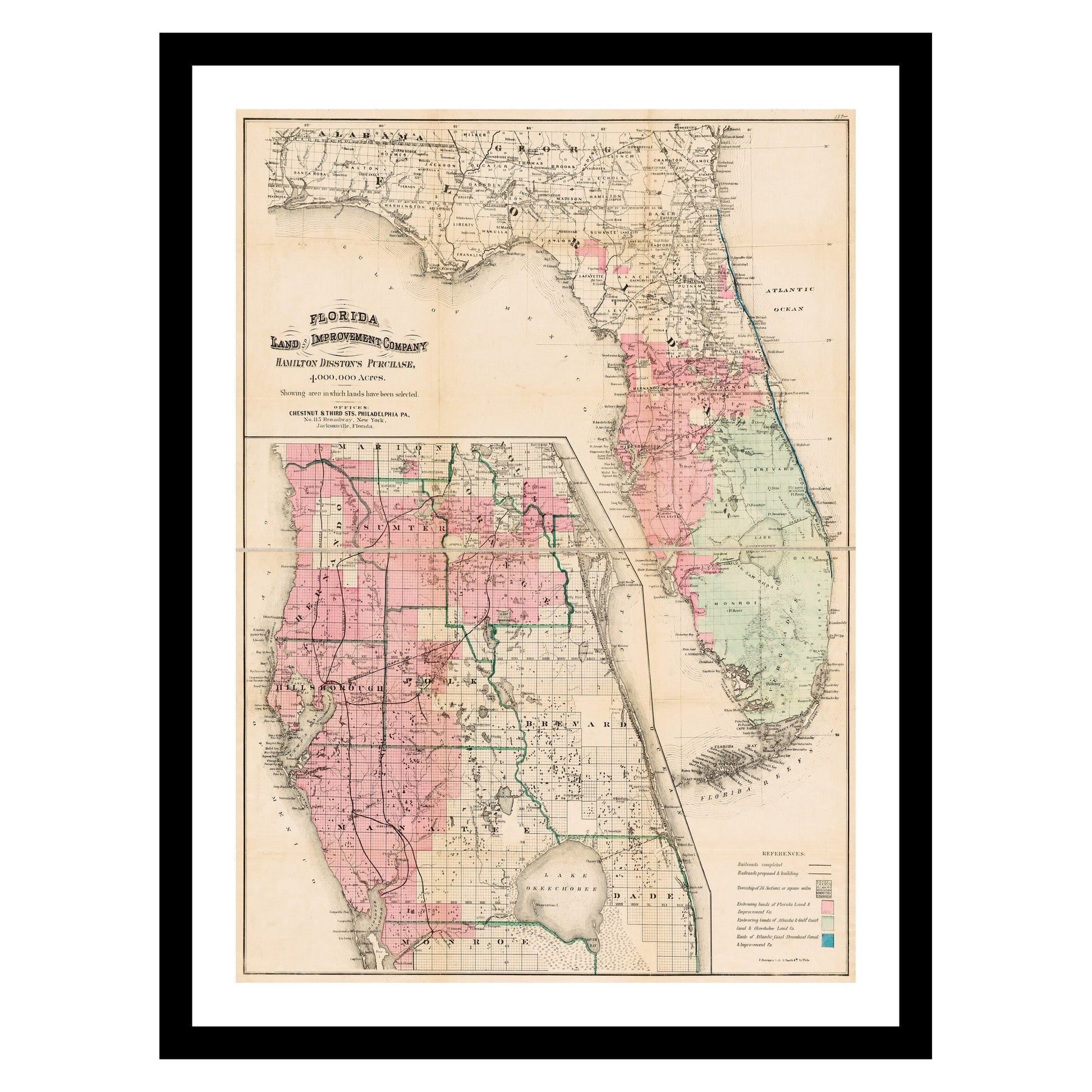 Antique map of Florida from 1880 - art print. Vintage poster from the old maps of United States collection