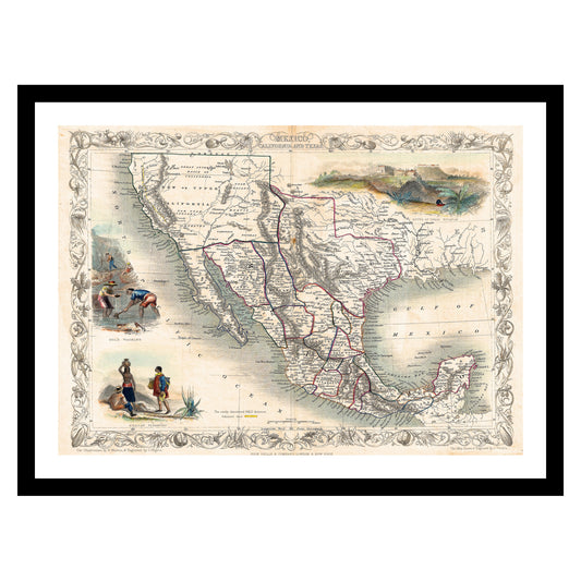 Antique map of Mexico Texas California from 1851 - art print. Vintage poster from the old maps of United States collection