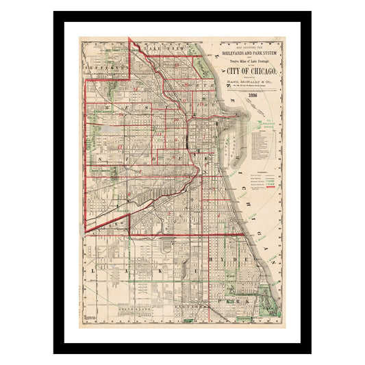 Antique map of Chicago Illinois from 1886 - art print. Vintage poster from the old maps of United States collection