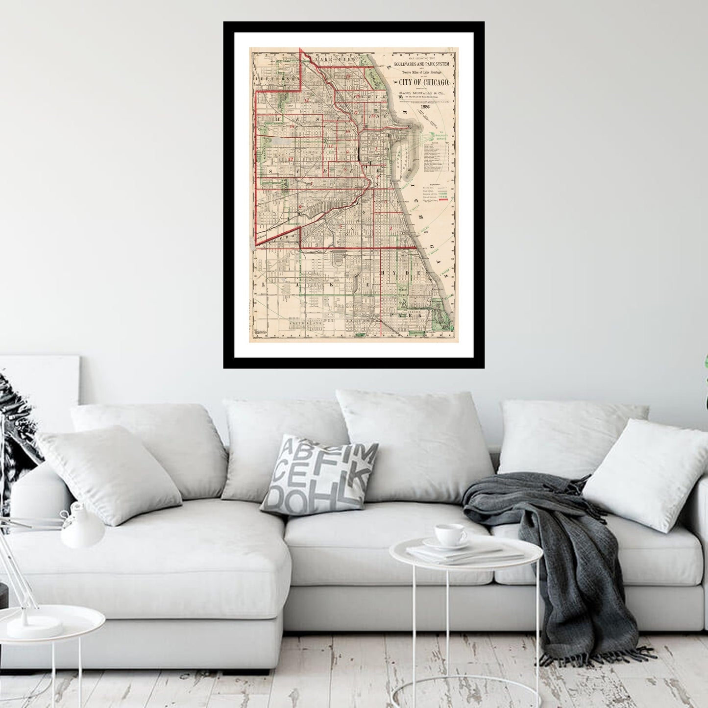 Antique map of Chicago Illinois from 1886 - art print. Vintage poster from the old maps of United States collection