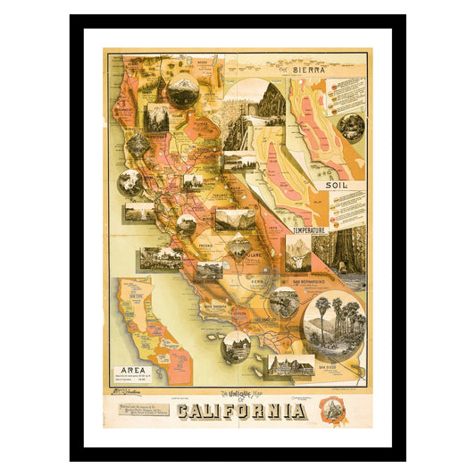 Antique map of California from 1890 - art print. Vintage poster from the old maps of United States collection