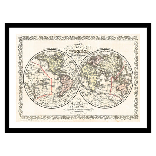 Antique map of the World from 1856 - art print. Vintage poster from the old maps of the World collection